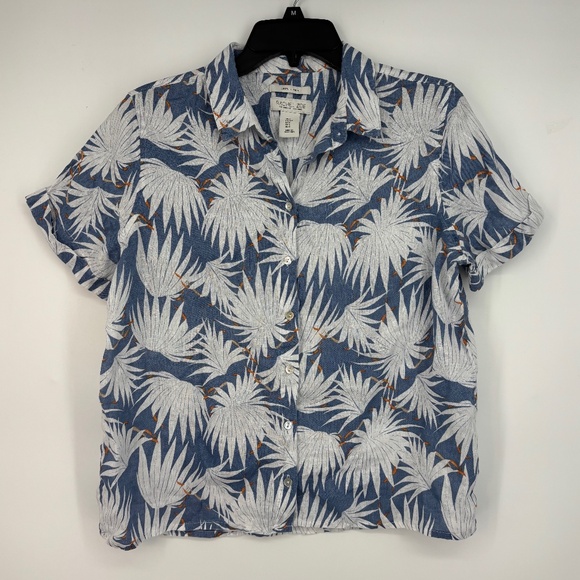 Rachel Zoe Womens Small Button Up Shirt Blue Tropical Leaf 100% Linen Short Slv - Picture 1 of 7